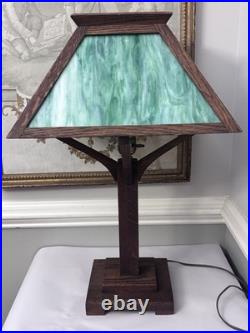 Arts & Crafts Mission Oak Green Slag Glass Table Lamp 24 WB Brown #223 Pat 1906 Arts & Crafts Mission Oak Green Slag Glass Table Lamp 24 WB Brown #223 Pat 1906