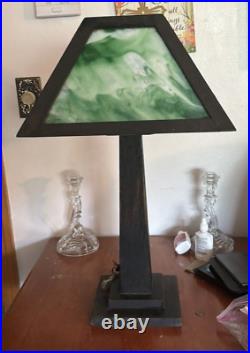 Arts & Crafts Mission Oak Green Slag Glass Table Lamp 24 WB Brown #223 Pat 1906