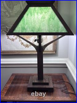 Arts & Crafts Mission Oak Green Slag Glass Table Lamp 24 WB Brown #223 Pat 1906