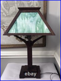 Arts & Crafts Mission Oak Green Slag Glass Table Lamp 24 WB Brown #223 Pat 1906