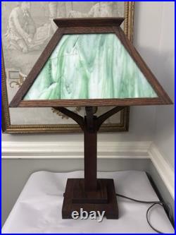 Arts & Crafts Mission Oak Green Slag Glass Table Lamp 24 WB Brown #223 Pat 1906 Arts & Crafts Mission Oak Green Slag Glass Table Lamp 24 WB Brown #223 Pat 1906