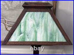 Arts & Crafts Mission Oak Green Slag Glass Table Lamp 24 WB Brown #223 Pat 1906