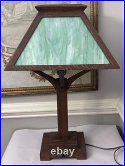 Arts & Crafts Mission Oak Green Slag Glass Table Lamp 24 WB Brown #223 Pat 1906