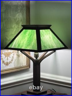 Arts & Crafts Mission Oak Green Slag Glass Table Lamp 24 WB Brown #223 Pat 1906