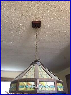 Arts Crafts Mission Oak Hanging Leaded SLAG GLASS Shade Chandelier Lamp