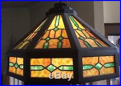 Arts Crafts Mission Oak Hanging Leaded SLAG GLASS Shade Chandelier Lamp