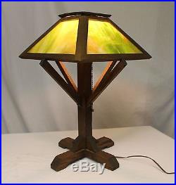 Arts & Crafts Mission Oak Slag Glass Electric Table Lamp