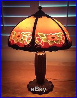 Arts Crafts Mission Reverse Painted Bradley Hubbard/Pittsburg Slag glass lamp
