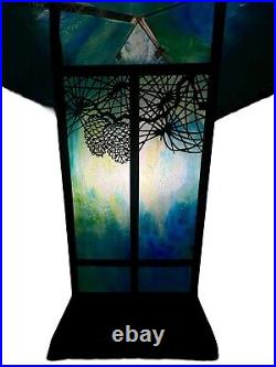Arts & Crafts Mission Reviere Style Slag Glass Table Lamp Pine needles & Cones