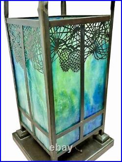 Arts & Crafts Mission Reviere Style Slag Glass Table Lamp Pine needles & Cones