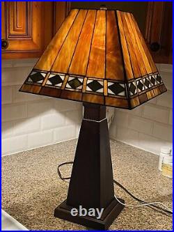 Arts & Crafts Mission Style Table Lamp Orange Slag Glass Style Shade Working EX