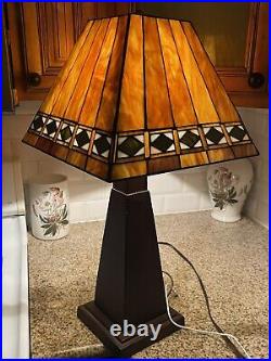 Arts & Crafts Mission Style Table Lamp Orange Slag Glass Style Shade Working EX