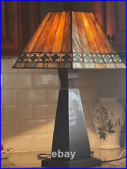 Arts & Crafts Mission Style Table Lamp Orange Slag Glass Style Shade Working EX