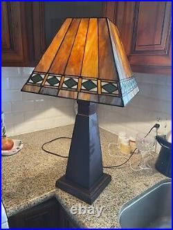 Arts & Crafts Mission Style Table Lamp Orange Slag Glass Style Shade Working EX