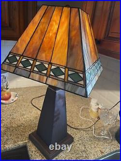 Arts & Crafts Mission Style Table Lamp Orange Slag Glass Style Shade Working EX