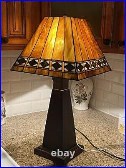 Arts & Crafts Mission Style Table Lamp Orange Slag Glass Style Shade Working EX