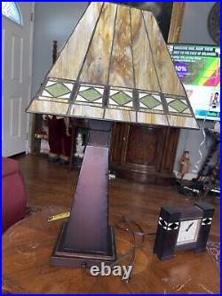 Arts & Crafts Mission Style Table Lamp Orange Slag Glass Style Shade Working EX