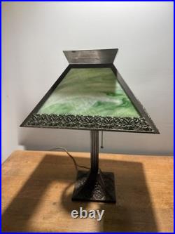 Arts & Crafts Mission Table Lamp Green Slag Glass Shade Excellent Condition
