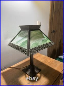 Arts & Crafts Mission Table Lamp Green Slag Glass Shade Excellent Condition