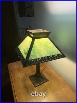 Arts & Crafts Mission Table Lamp Green Slag Glass Shade Excellent Condition Arts & Crafts Mission Table Lamp Green Slag Glass Shade Excellent Condition