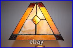 Arts & Crafts Mission Vtg 8x11 Brown Amber Cream Stained Slag Glass Lamp Shade