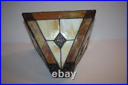 Arts & Crafts Mission Vtg 8x11 Brown Amber Cream Stained Slag Glass Lamp Shade
