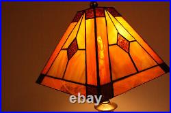 Arts & Crafts Mission Vtg 8x11 Brown Amber Cream Stained Slag Glass Lamp Shade