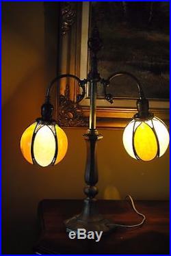 Arts&Crafts, Nouveau, Deco Signed Bradley&Hubbard Double Student Slag Glass Lamp