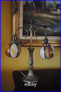 Arts&Crafts, Nouveau, Deco Signed Bradley&Hubbard Double Student Slag Glass Lamp