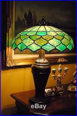 Arts & Crafts, Nouveau Double Signed Handel Leaded Stained Slag Glass Lamp