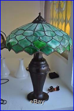 Arts & Crafts, Nouveau Double Signed Handel Leaded Stained Slag Glass Lamp