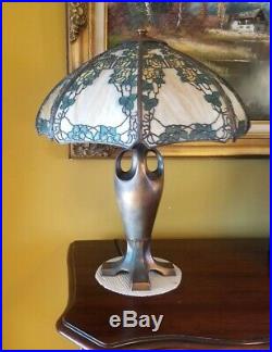 Arts & Crafts, Nouveau Era Double Signed Handel WILD ROSES Slag Glass Lamp