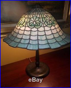 Arts & Crafts, Nouveau Gorham Leaded Stained Slag Glass Shade, Bronze Lamp Base