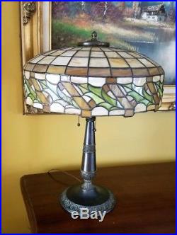 Arts&Crafts, Nouveau Handel, Bradley&Hubbard Leaded Stained Slag Glass Table Lamp