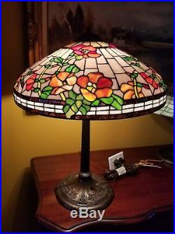 Arts & Crafts, Nouveau Handel Era Floral Leaded Slag Glass Lamp Hollyhock c1910
