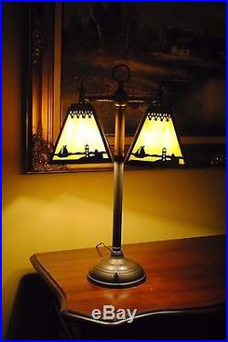 Arts&Crafts, Nouveau, Miller, B & H, Handel Double Student Style Slag Glass Lamp