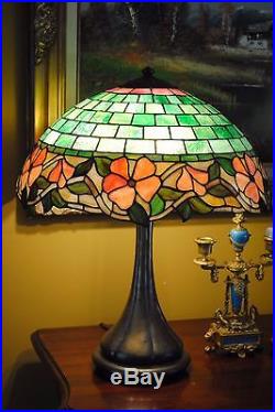 Arts & Crafts, Nouveau Signed Handel Hollyhock Leaded Stained Slag Glass Lamp