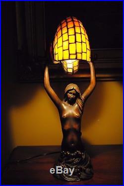 Arts&Crafts, Nouveau, Tiffany Studios Style Mermaid Leaded Stained Slag Glass Lamp