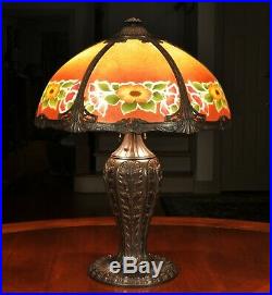Arts & Crafts Reverse Painted Lamp Six Panel Art Nouveau Slag Glass Lamp