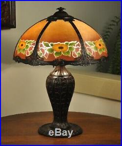 Arts & Crafts Reverse Painted Lamp Six Panel Art Nouveau Slag Glass Lamp