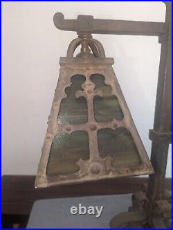 Arts & Crafts Slag Glass 1902-1920 Wrought Iron Spanish Revival Desk Lamp