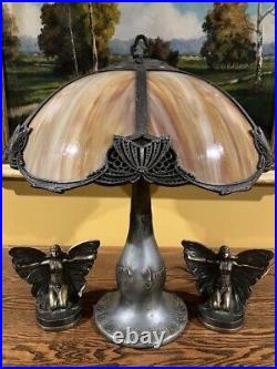 Arts Crafts Slag Glass Antique Vintage Art Deco Lamp Bradley Hubbard Handel Era
