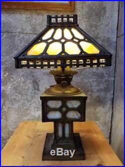 Arts & Crafts Slag Glass and Iron Table Lamp