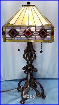 Arts & Crafts Slag Stained Glass Shade Cast Iron Lamp Tiffany Style Mission 24