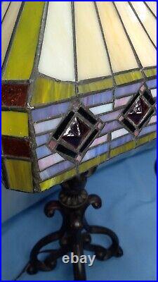 Arts & Crafts Slag Stained Glass Shade Cast Iron Lamp Tiffany Style Mission 24