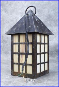 Arts and Crafts Outdoor Hanging Slag Glass Lamp With Wrought Iron Hanger