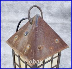 Arts and Crafts Outdoor Hanging Slag Glass Lamp With Wrought Iron Hanger