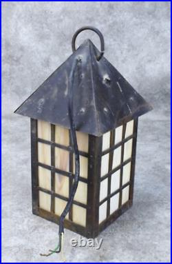 Arts and Crafts Outdoor Hanging Slag Glass Lamp With Wrought Iron Hanger