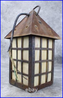 Arts and Crafts Outdoor Hanging Slag Glass Lamp With Wrought Iron Hanger