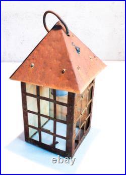 Arts and Crafts Outdoor Hanging Slag Glass Lamp With Wrought Iron Hanger